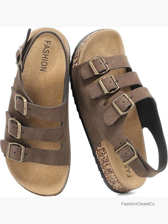 Shoes - Women's Cork Footbed Sandals with Back Strap Adjustable Buckle Slingback Slides